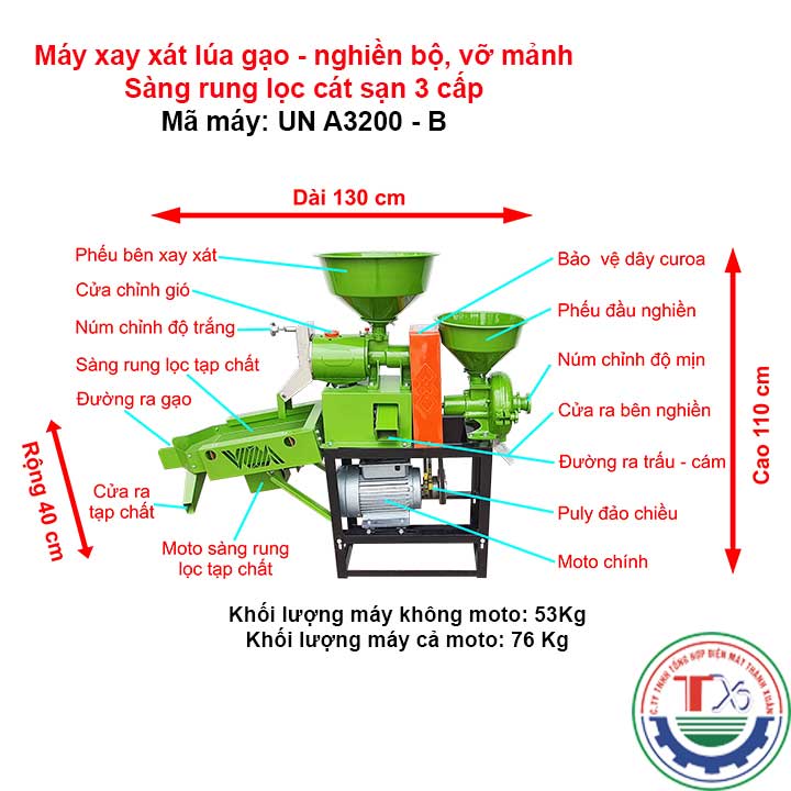 Máy xay xát gạo 3 chức năng xay xát lúa gạo, Nghiền bột mịn, Vỡ ngô, Vỡ đỗ, Sàng rung lọc cát sạn 3 cấp UN A3200-B